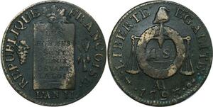 O9139 France Un sol aux balances Louis XVI Françoise An II 1793 AA Metz TTB ->M offre