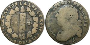 O9150 Rare France 12 Deniers Louis XVI François An 4 1792 I. Clermont-ferrand