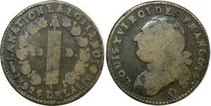 O9158 Rare France Constitution 12 Deniers Louis XVI François An 4 1792 Q Perpignan