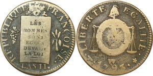 O9185 Rare France Convention Un Sol aux balances Louis XVI Françoise An II 1793 W. Arras