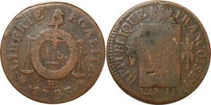 O9191 Rare France Convention Un Sol balances Louis XVI Françoise An II 1793 BB Strasbourg