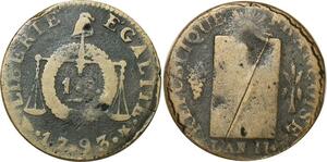 O9192 Très Rare France Un Sol aux balances Louis XVI An II 1793 sans atelier + Flan Epais