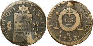O9196 France Rare Convention Un Sol balances Louis XVI Françoise An II 1793 D. Dijon Décentré