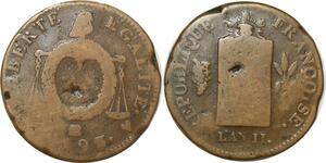 O9200 Rare France Convention 2 Sols balances Louis XVI An II 1793 Strasbourg flan très leger