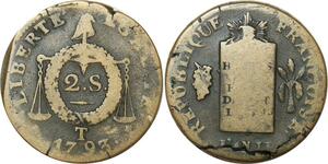 O9207 Rare France Convention 2 Sols aux balances Louis XVI An II 1793 T nantes ->Make offer