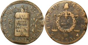 O9210 Rare France Convention 2 Sols aux balances Louis XVI An II 1793 BB Strasbourg ->Make offer