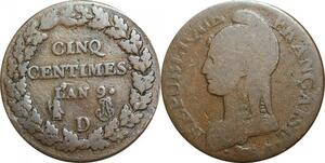 O9212 Rare 5 Centimes Dupré an 9 D Lyon ->Make offer