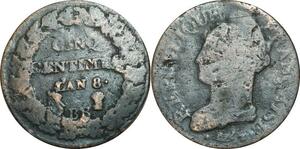 O9234 Directoire Rare 5 Centimes Dupré an 8/5 BB Strasbourg / A Paris