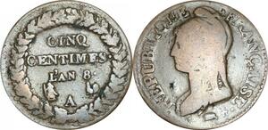 O9270 Directoire Rare Centimes Dupré an 8 A/A Paris/Paris Double Frappe