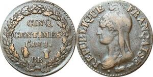 O9290 Directoire Rare 5 Centimes Dupré an 8/6 BB Strasbourg TTB +++++