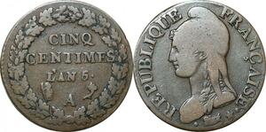 O9331 Rare Inédit Fauté 5 Centimes Dupré an 5 A/I Paris/Limoges + moitié poids