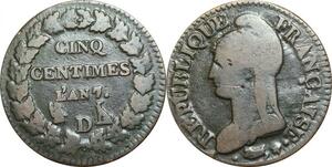 O9358 Rare Fauté Refrappage 5 Centimes Dupré an 7/5 D Lyon ->Make offer