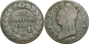 O9362 Directoire Très Rare 5 Centimes Dupré an 8/5 BB Strasbourg / A Paris