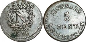 O9399 Rare Fauté Décentré 5 Centimes 1814 Anvers N Frappe Arnesal Marine