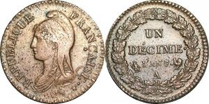 O9435 Très Rare France Directoire Un Décime Dupré An 7/5 A/A Paris coq/tournesol SUP