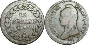 O9441 Rare France Directoire Un Décime Dupré An 7/5 A/A coq/tournesol decentré