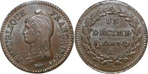 O9443 Finest Rare France Directoire Un Décime Dupré An 7/5 PCGS MS62 SPL !