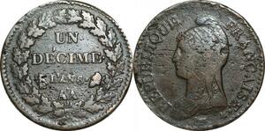 O9451 France Inedit Directoire Rare Un Décime Dupré An 8/5, AA/??, casque/corne