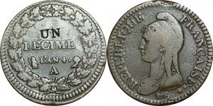 O9461 Rare France Directoire Contremarque UN Décime Dupré An 4 A Paris ->Make offer