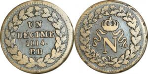 O9502 France Rare Un Décime Napoléon N couronné 1814 BB Strasbourg 1 point