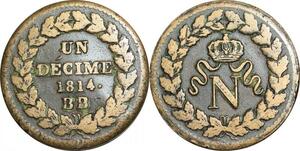 O9503 France Rare Un Décime Napoléon N couronné 1814 BB Strasbourg 2 points