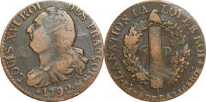 O9532 Rare France Constitution 6 Deniers Louis XVI Francais An 4 1792 MA Marseille