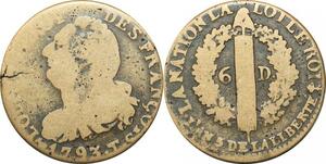 O9537 Rare France Constitution 6 Deniers Louis XVI Francais An 3 1793 T Nantes