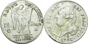O9613 France Constitution 15 Sols Louis XVI François An 3 2d sem héron 1791 Paris Argent