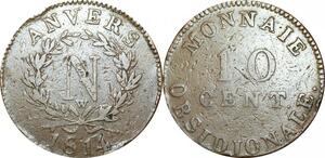 O9732 France 10 Centimes Napoléon Wolschot 1814 W Anvers double N ->Make offer