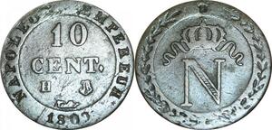 O9804 Rare France 10 Centimes Napoléon I 1809 H La Rochelle Inversé ->Make offer