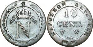 O9822 Rare France 10 Centimes Napoléon I 1808 W Lille Quasi SUP ->Make offer
