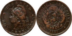 O9862 Argentina 2 Centavos Capped Liberty Head 1891 -> Make offer
