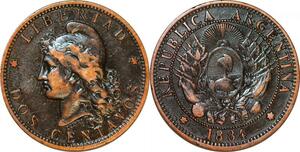 O9866 Argentina 2 Centavos Capped Liberty Head 1884 -> Make offer