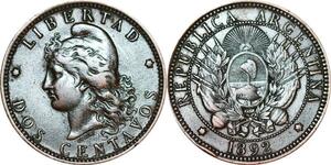 O9867 Argentina 2 Centavos Capped Liberty Head 1892 -> Make offer