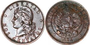 O9869 Argentina 2 Centavos Capped Liberty Head 1884 AU -> Make offer
