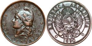 O9873 Argentina 2 Centavos Capped Liberty Head 1890 -> Make offer