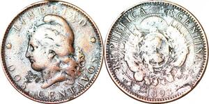 O9874 Argentina 2 Centavos Capped Liberty Head 1893 -> Make offer