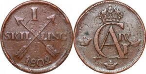 O9932 Sweden 1 Skilling Gustav IV Adolf 1802 double strike 2 Ore XF