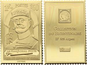 O4220 Timbre Monnaie Franc Maréchal Foch Oeuvre de guerre Vermeil Proof BE