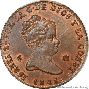 O4628 Rare Spain Finest 4 Maravedis Isabel II 1841 PCGS MS63