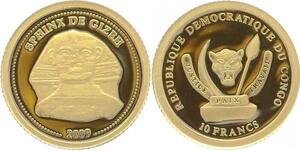 O4986 Congo 10 Francs Sphinx Gizeh Egypt 2009 Or Gold 999% BE PF Proof