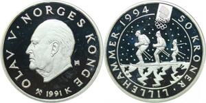 Q0159 Norway Olympics Games 50 Kroner Olav V Lillehammer 1994 Silver PF BE