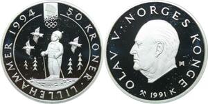 Q0160 Norway Olympics Games 50 Kroner Olav V Lillehammer 1994 Silver PF BE