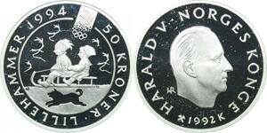 Q0163 Norway Olympics Games 50 Kroner Harald V Lillehammer 1994 Silver PF