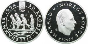 Q0164 Norway Olympics Games 50 Kroner Harald V Lillehammer 1994 Silver PF