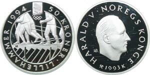 Q0165 Norway Olympics Games 50 Kroner Harald V Lillehammer 1994 Silver PF