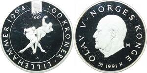 Q0167 Norway Olympics Games 100 Kroner Olav V Lillehammer 1994 Silver PF BE
