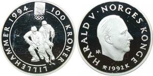 Q0168 Norway Olympics Games 100 Kroner Harald V Lillehammer 1994 Silver PF