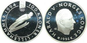 Q0169 Norway Olympics Games 100 Kroner Harald V Lillehammer 1994 Silver PF