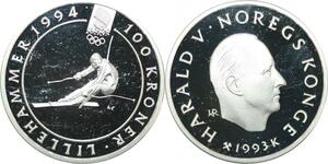 Q0170 Norway Olympics Games 100 Kroner Harald V Lillehammer 1994 Silver PF